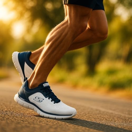 Seguimiento Más Amplio, Zapatillas de Deporte Hombre, Malla de Poliuretano de Ingeniería Blanca Rota con Ribete Azul Marino, 43 EU