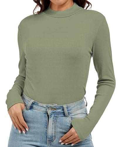 Women's Mock Neck Long Sleeve Thermal T-Shirt Tops Tea Green at Amazon