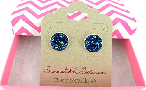 Silver-tone Blue Faux Druzy Stone Stud Earrings 12mm - Thumbnail 5