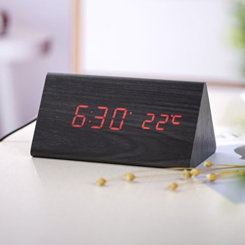 Wood Personal Alarm Clock, Accering LED Wooden Alarm Digital Dual Power Desk Clock, Voice Control, Display Time, Date, Week, Temperature and Humidity, Black