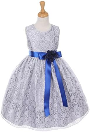 TheCoutureDresses-silver lace dress with satin ribbon sash and flower corsage royal blue/navy 6