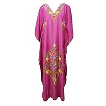 Mogul Interior Womens Caftan Dress Hot Pink Embroidered Lounge Wear Kaftan One Size