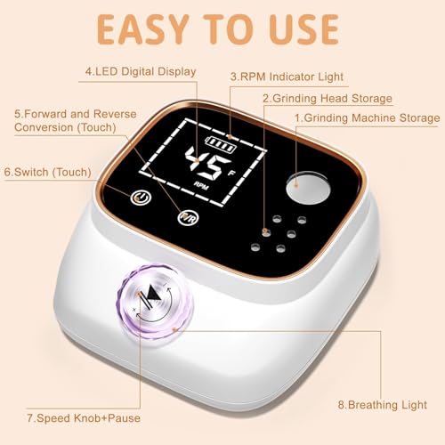 Youtelit Nail Drill 45,000RPM, 13 in 1 Electric Nail File for Acrylic and Gel Nails, Rechargeable Nail Drill Machine, Manicure Pedicure Kit with 12 Bits, LCD Display, Touch Button, Clean Brush (White)