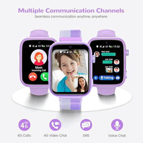SWGOTA Children's Smartwatch, 4G Smart Watch Phone & GPS, Voice Chat/WhatsApp/SOS/SMS/WiFi/IP68 Waterproof/School Mode/5 Sports/Pedometer, Smart Watch Boys/Girls Purple, Gift