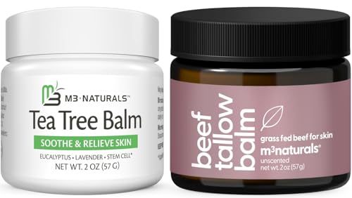 M3 Naturals Unscented Grass Fed Beef Tallow for Skin, Body and Face & Restorative Tea Tree Balm