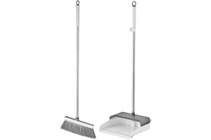 Heavy Duty Upright Standing Dustpan Broom Combo - Long Handle with Comb Teeth, Grey + White, Ideal for Home, Kitchen, Office,