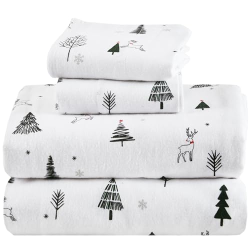 Comfort Spaces 100% Cotton Flannel Sheets Full Size, Ultra Soft Cozy Flannel Sheet Set with 12 Elastic Pocket Fits up to 14 Mattress, Novelty Print Warm Flannel Bedding, Reindeer 4 Piece
