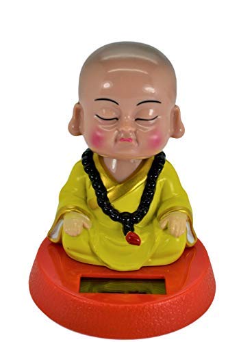 Solar Powered Cute Little Buddha Bobble Head Figure Car Dashboard Accessories Office Home Ultra Detail Doll (Yellow) - Thumbnail 2