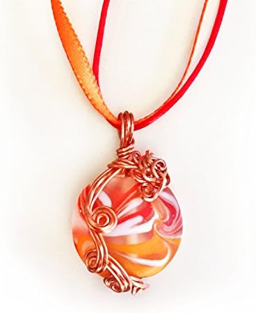 Red Wire Wrapped Handmade Pendant Necklace - Red, Orange, White & Rose Gold Copper - Handmade Wire Wrapped Pendant - Valentine's Day Gift, Gift for Her, Birthday Gift - Handmade Satin Cord