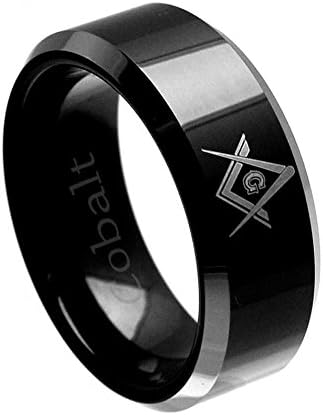 Noureda Sterling Silver Cobalt Black Enamel Plated Square Beveled Edge Ring With Laser Engraved Masonic Symbol Compass, Ring Width of 8MM