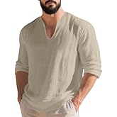 TAFLE Mens Linen V-Neck Shirts Casual Long Sleeve Hippie Yoga Tops Lightweight Summer Beach Shirt