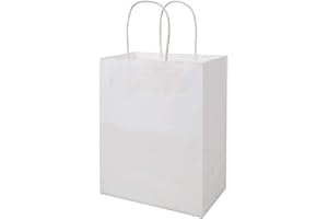 bagmad 50 Pack Sturdy Medium White Gift Paper Bags with Handles Bulk, Kraft Bags 8x4.75x10 Inch, Craft Grocery Shopping Retail Party Favors Wedding Business Sacks (White, 50pcs)