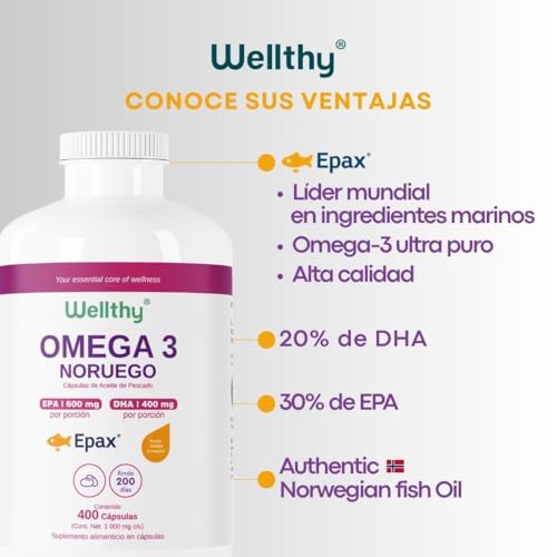 Wellthy Omega 3 Epax® 400 Cápsulas Ácidos Grasos 2000mg. Aceite de Pescado Noruego Ultraconcentrado. 30% EPA y 20% DHA La más alta concentración, Alta Pureza, Softgel