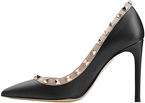 Caitlin Pan Womens Stylish Pointed Toe High Heel Slip On Pumps Rivet Studded Stiletto Dress Pumps 10CM