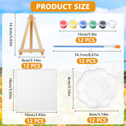 60 Pieces Mini Canvas Art Easel 12 Small Triangular Artist Easels with 12 Canvases, 12 Brushes and 12 Paint Palettes and 12 Watercolor for Fans and Artists