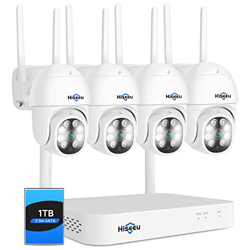 PTZ Camera Wireless System- Hiseeu 3MP Security Camera System Two Way Audio, Auto Tracking, Full Color Night Vision, IP66 Waterproof, Expandable 10CH NVR, 24/7 Record with 1TB Hard Drive