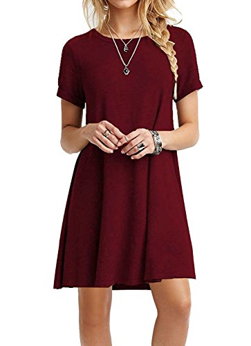 GRECERELLE Womens Short Sleeve Casual Loose Swing Dress Wine Red-S