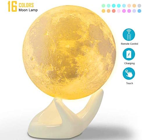 Moon Night Light w/Stand, softeen 3D Printing 16 Colors LED Lunar Moon Lamp (Diameter 4.7 inch), Touch & Remote Control, Brightness Adjustment, USB Charging Decorative Light