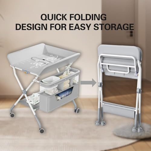 DMG TECH Portable Baby Changing Table, Folding Baby Changing Table, Infant Care Station with Double Layer Storage Basket, Adjustable Height, Mobile Nursery Organizer for Newborn Infant (Grey)