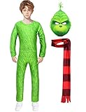 YuDanae 3D Grinch Costume & Mask & Scarf for Kids Boys Girls,XS(Height 43.3