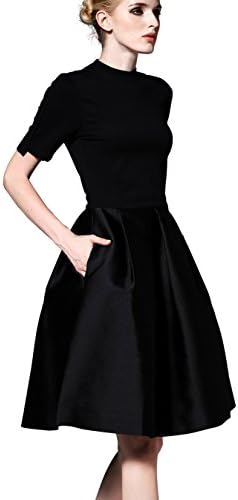 WEMELY Women's O-Neck Short Sleeve Summer Casual Flared A-Line Dress(Medium, Black)