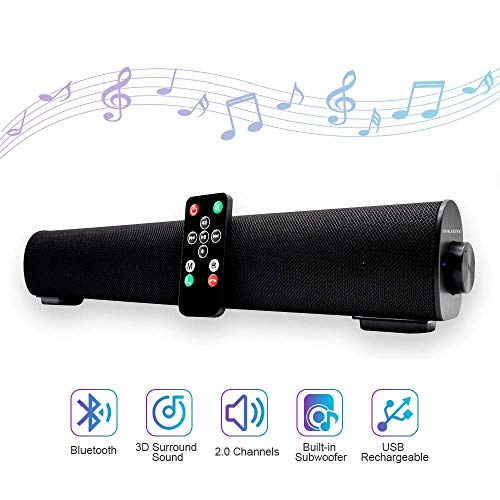 Sound bar, Soundbar Portable Wireless Bluetooth and Dual Bass Ports Wired for Home Theater Surround Sound with Built-in Subwoofers for TV/PC/Phones/Tablets (16.9 Inch, Remote Control)