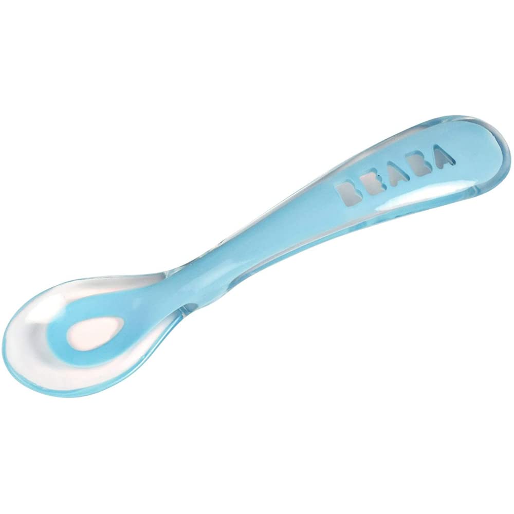 Béaba - Silicone Spoon for Baby and Children - Stage 2 - Soft - Rounded tip - Ergonomic Handle - Blue