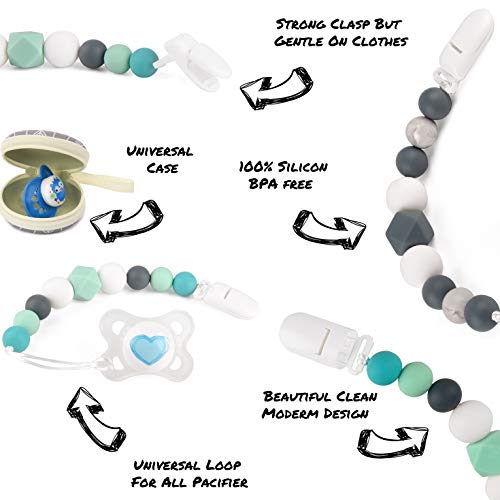 Silicone Pacifier Clip by Dodo Babies Pack of 2 + Pacifier Case, Premium Quality Modern Designs Universal Holder Leash for Boys and Girls, Teething Toy or Soothie, Baby Shower Gift Set