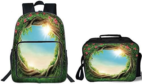19" School Backpack & Lunch Bag Bundle,Tree,Enchanted Forest in Spring Fresh Growth Foliage with Blossoms Fairytale Fantasy,Green Pink Cocoa,for Boys Girls