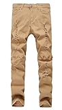 Men's Khaki Zipper Ripped Distressed Destroyed Skinny Fit Jeans with Holes