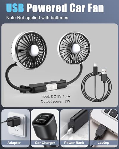 Loiisgy Car Fan for Backseat Dual Head Hose, USB Car Rear Seat Fan with 2 Independent Heads and Lights, 3 Speeds and 360 Degree Rotatable Cooling Car Fans