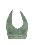 Floral Lace Halter Bra Bralette Top Bustier Wireless (Oil-Green,L)