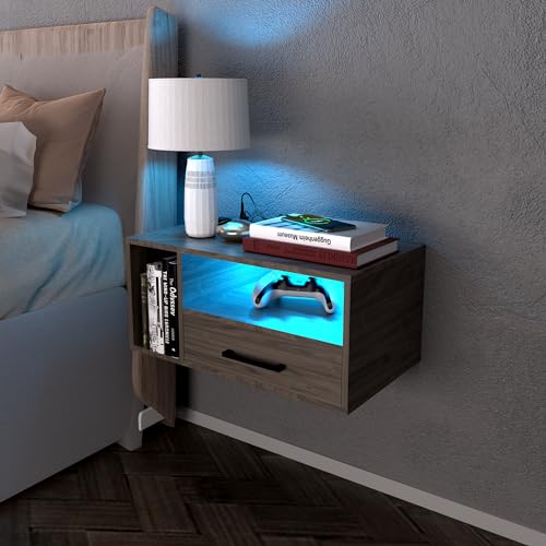 Bloddream Floating Nightstand with Charging Station and LED Light Strips, 21.3"…
