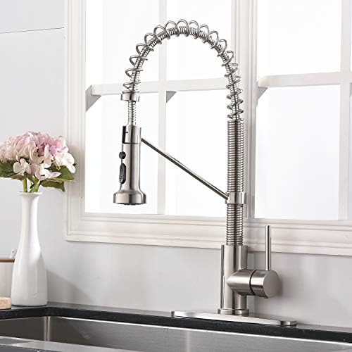 Ufaucet Modern Commercial Lead Free Modern Stainless Steel Single Handle Pull Down Sprayer Spring Kitchen Faucet, Brushed Nickel Kitchen Sink Faucet with Deck Plate
