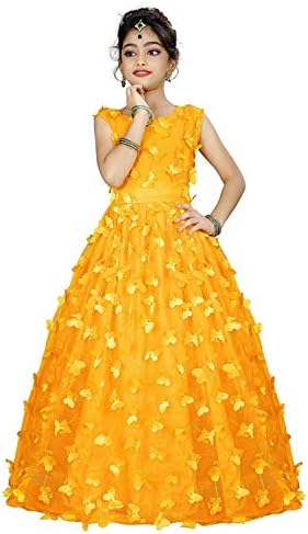 money transfer Girls Soft Nylon Mono Net Butterfly Anarkali Gown (Ad11, Yellow)