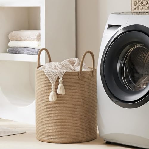 Jute Rope Laundry Hamper Basket by YOUDENOVA, 58L Tall Laundry Basket, Baby Nursery Hamper for Blanket Storage for Bedroom-Large-Jute