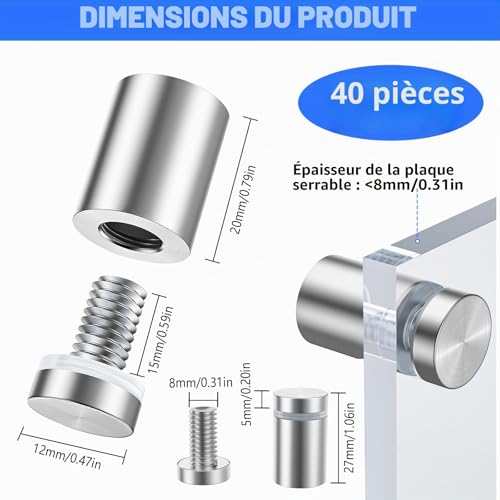 XSHAO 40 Pieces Glass Spacers, Advertising Screws Stainless Steel Spacer Screws for Mounting Glass / Mirror / Acrylic Poster (12 x 25 mm)