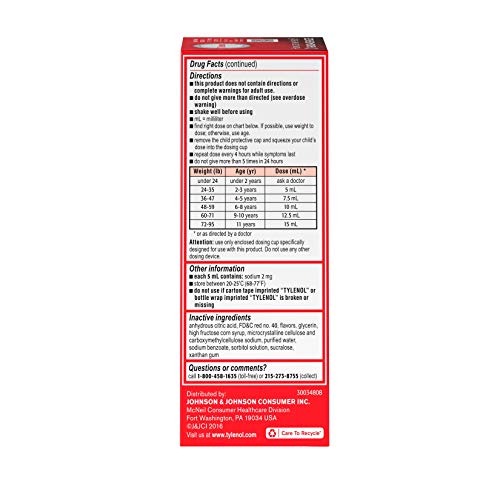 CHILDREN’S TYLENOL LIQUID ORAL SUSPENSION MEDICINE, ACETAMINOPHEN PAIN RELIEVER & FEVER REDUCER, ASPIRIN-, IBUPROFEN- & ALCOHOL-FREE, CHERRY, 4 FL. OZ