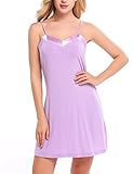 Ekouaer Full Slip Womens Plus Size Sleepwear Lingerie Satin V-Neck Dresses (Purple, XL)