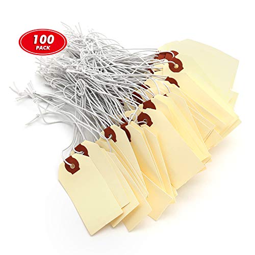 Pack of 100 Manila Shipping Tags 1 3/8 Inch X 2 3/4 Inch. Come with Elastic Rubber Bands. Double Layer Reinforced Eyelets. Durable and Reusable.