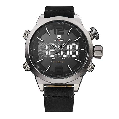 WEIDE Quartz Watch for Men Analog LED Dual Time Display Causual Sport Style Dress Wrist Watch Leather Band Buckle Hook