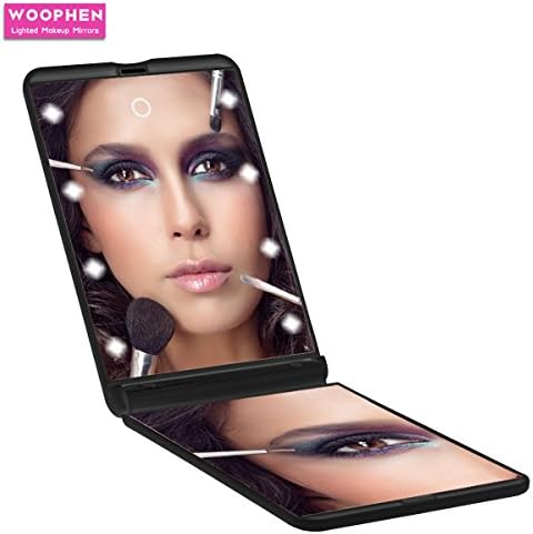 Woophen Ultra-thin Led Lighted Compact Travel Makeup Mirror with 1X &amp; 2X Magnification, Best Portable Folding Cosmetic Mirror with 8 Bright LED Lights for Travel Battery Powered (Black)