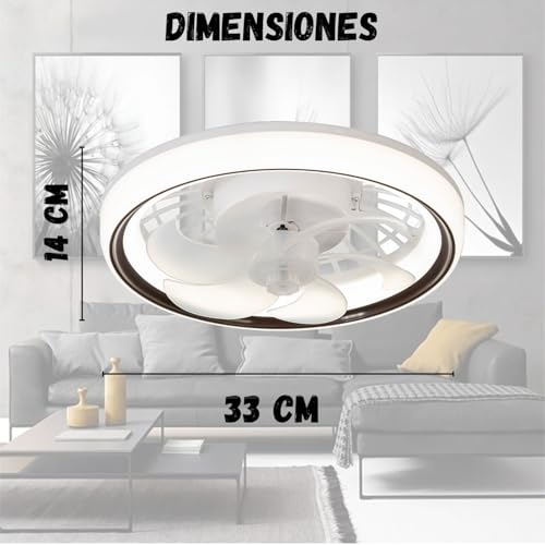 Megaluz LV34W13 Ventilador de techo con luz led y control remoto, 13”, luz blanca fría, neutra y cálida, 6 aspas desmontables, Abanico de techo enchufe E27, 4 velocidades y motor silencioso (Blanco).