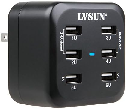 ICV Brand New 6-Port 34W USB Rapid Wall Charger Travel Adapter with Smart IC for iPhone 6 Plus 6 5S 5C 5 4S 4; Apple iPads; Samsung Galaxy S6 S5 S4 S3; Note 4 3 2; Samsung Galaxy Tabs; Motorola Droid Razr Maxx; HTC One X V S; New HTC One (M8); Google Nexus 6 and More (Black)