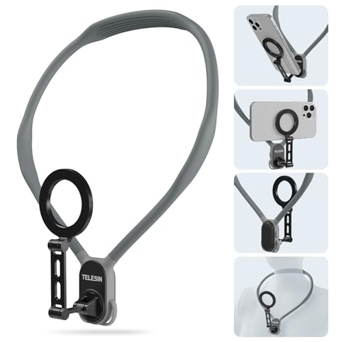 TELESIN MAX Expanded Magnetic Neck Holder for Phones, POV/Vlog Phone Neck Holder, Magnetic Neck Holder with Anti-Shock Chest Strap for iPhone Android (Grey)