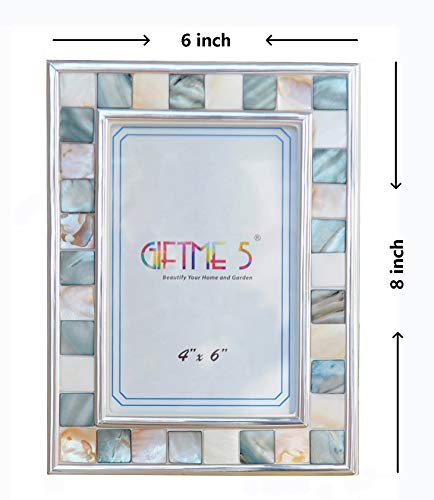GIFTME 5 Silver Plate Picture Frame 4x6 Mother of Pearl 4 by 6 Photo Frame Mosaic Glass Tabletop Frame (Grey+ White)