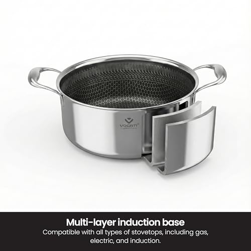 VOGATI CASSEROLE 22CM TRY-PLY STAINLESS STEEL (4 LITRES) WITH GLASS LID -WELDED HANDLE-INDUCTION COMPATIBLE COVERED STOCKPOT-SOUP POTS- (100% PFOA FREE) (4 Litres)