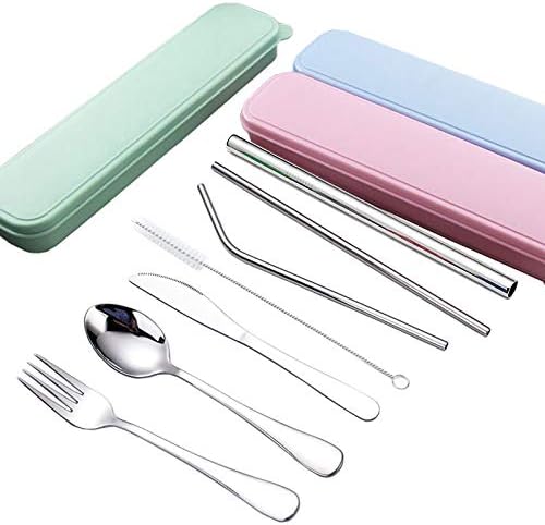 Durable Fine Traveling Utensils Silverware Set,Portable Dinnerware with Case,Knife,Fork,Spoon,Straw,Cleaning Brush,Reusable Fiestaware Travel Camping Cutlery Set,Stainless Steel Flatware Set 7 Piece