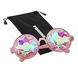 YOOSKE Kaleidoscope Glasses Round Sunglasses for Women Men Rainbow Prism Sun Glasses Mirrored Steampunk Goggles with Sunglasses Cloth Bag (Pink Frame)