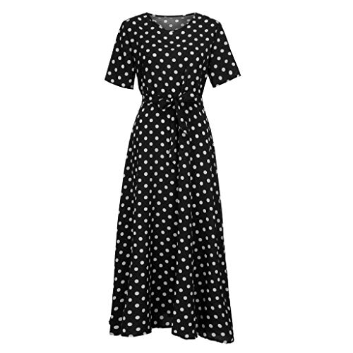 Kawaiine Women O-Neck Polka Dots Short Sleeve Beach Polka Dot Bandage Long Maxi Dress Black